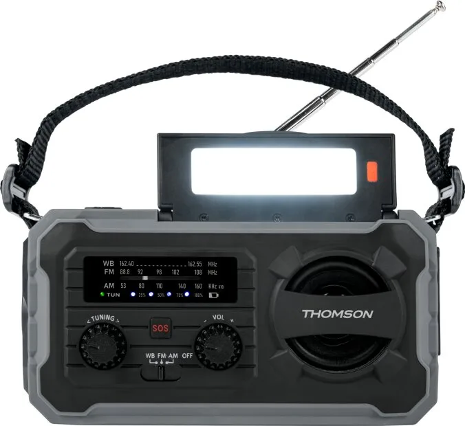 Radio de emergencia Thomson RT280G AM/FM con batería externa 8000 mAh Gris y negro