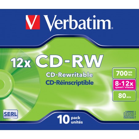 'VERBATIM CD-RW 700MB 12X 10 PACK JEWEL CASE SUPERFICIE SCRATCH RESISTANT 43148'