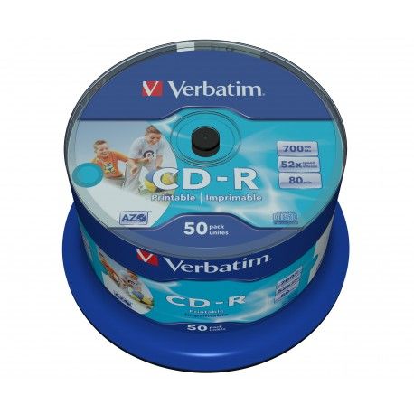 'VERBATIM CD-R AZO 700MB 52X 50 PACK SPINDLE WIDE INKJET PRINTABLE SURFACE 43438'