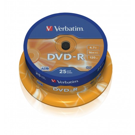'VERBATIM DVD-R 4.7GB 16X 25 PACK SPINDLE MATT SILVER SURFACE 43522'