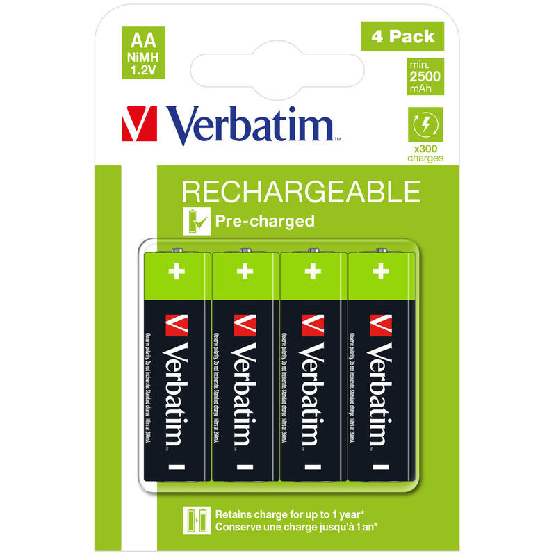 'VERBATIM ALKALINE RECHARGEABLE BATTERIES AA HR06 4 PCS PACK 49517'
