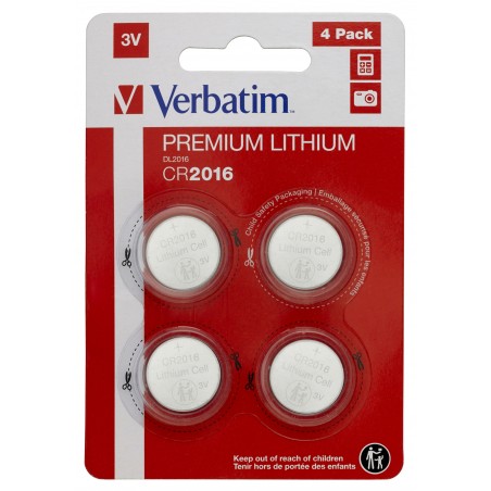 'VERBATIM LITHIUM FLAT BATTERIES 3V - CR2016 4 PACK 49531'