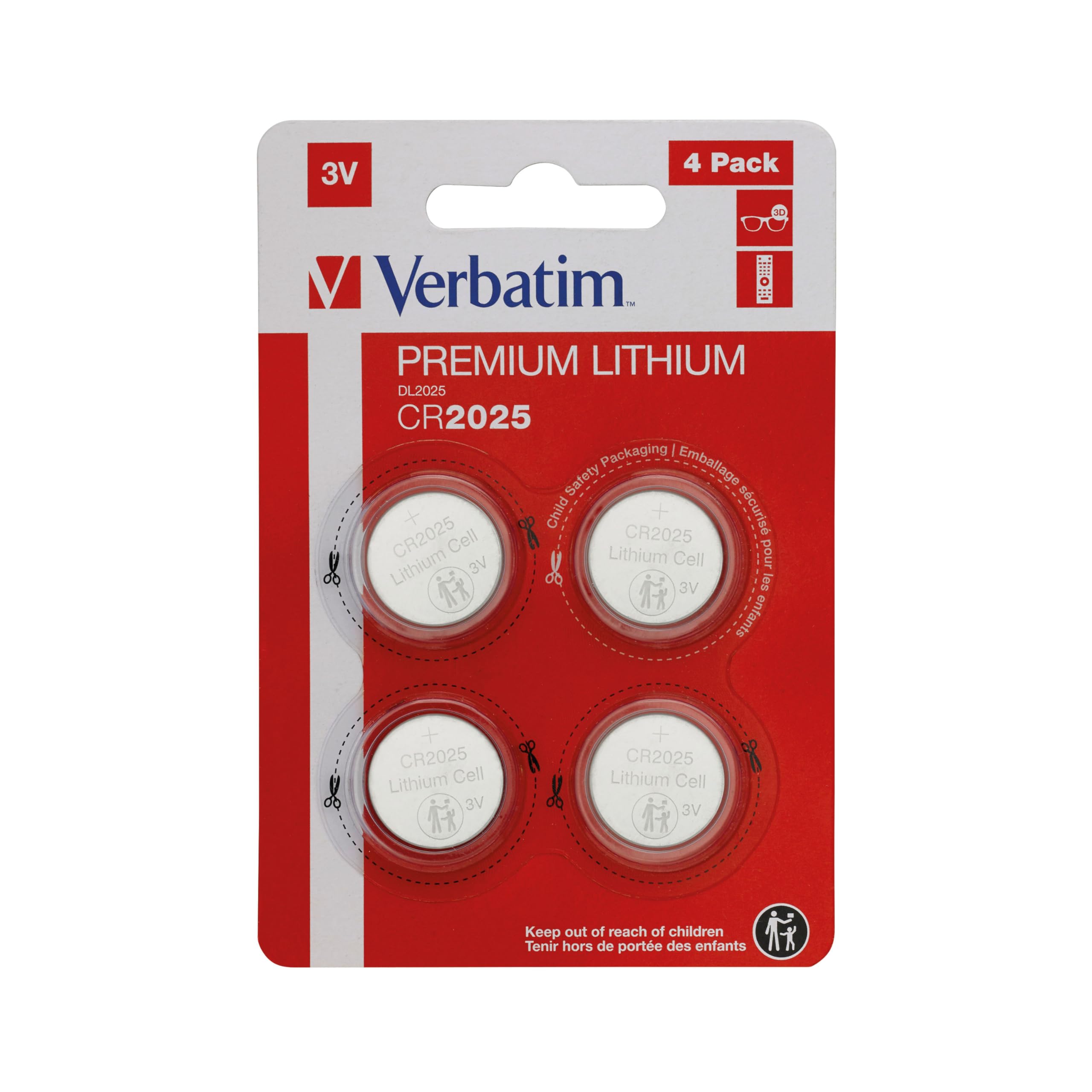 'VERBATIM LITHIUM FLAT BATTERIES 3V CR2025 4 PACK 49532'